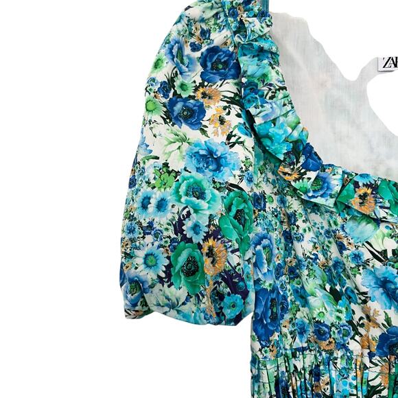 Zara Blue Floral Print Short Sleeve Smocked Square Neck Flare Mini Dress Size XS - Picture 5 of 11